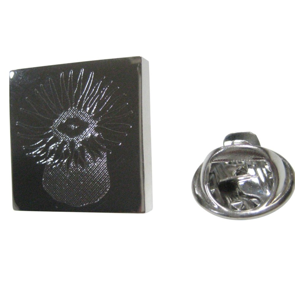 Silver Toned Square Etched Sea Anemone Lapel Pin